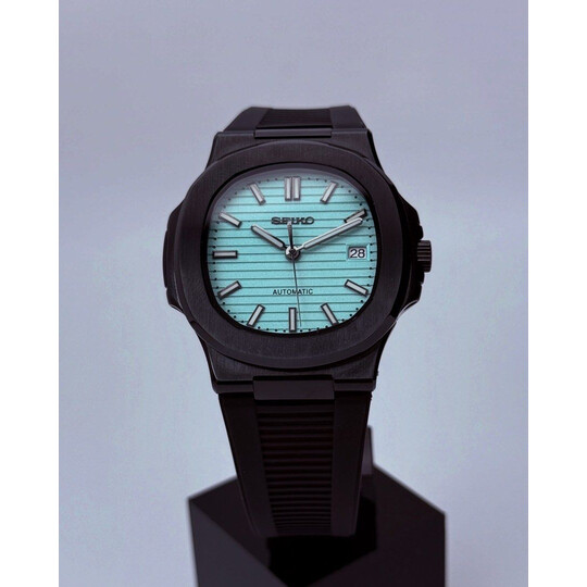 Custom Seiko Mod • Black Turquoise Blue Green Nautilus • 40mm